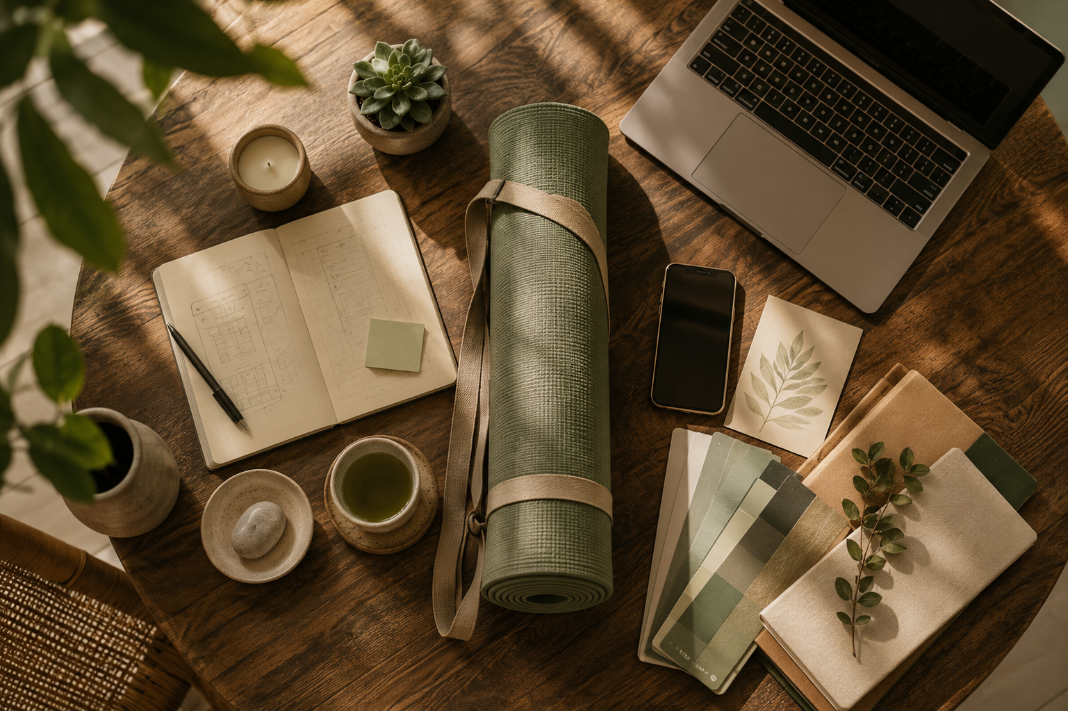 Bàn làm việc của một chủ studio — thảm tập, sổ tay phác thảo lịch lớp và laptop